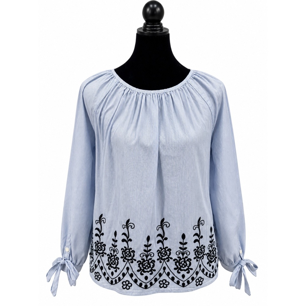 Tommy Hilfiger Womens SP Blue White Stripe Embroidered Peasant Blouse Cotton